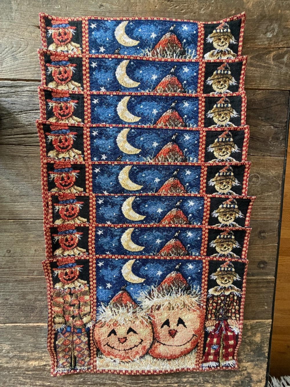 Vintage Woven Tapestry Placemats w/ festive pumpkin/scarecrow design (s/8)